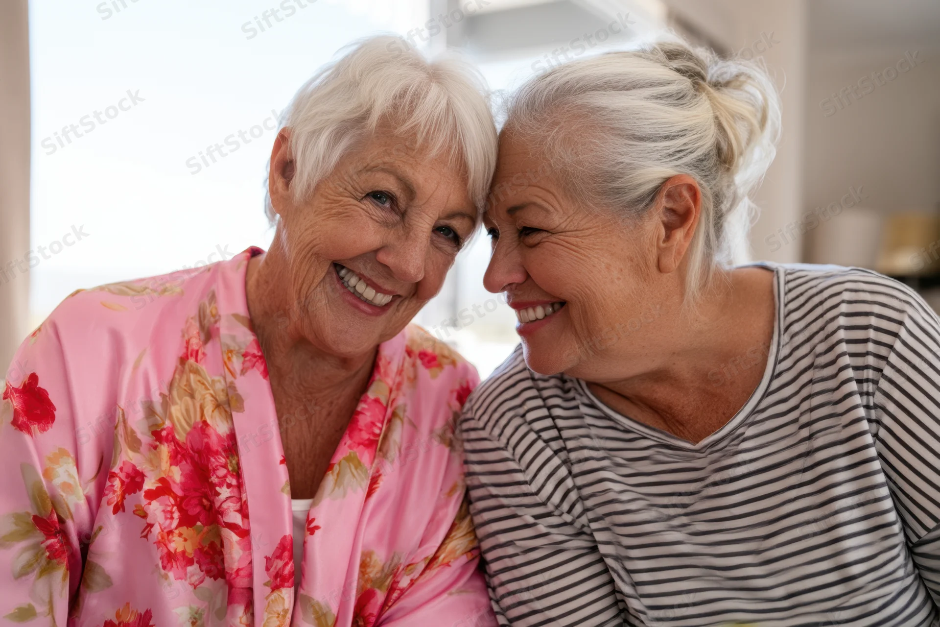 Two elderly women smiling and touching foreheads in a close affectionate moment at home