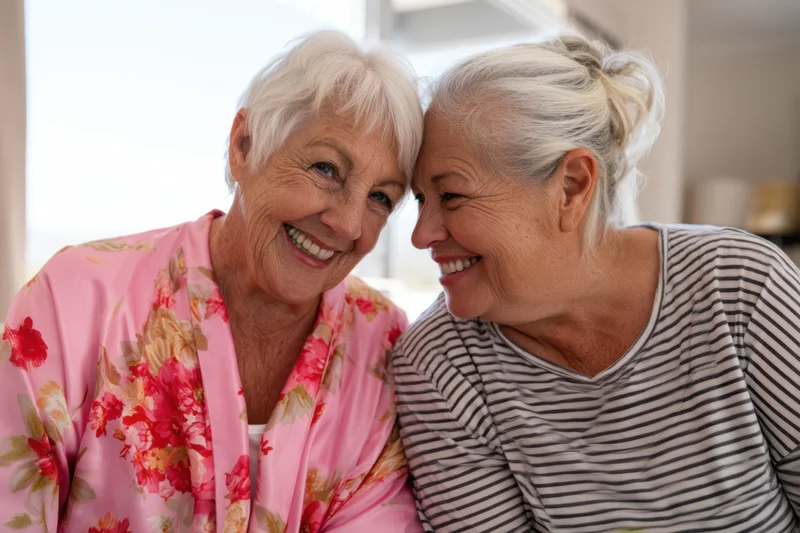 Two elderly women smiling and touching foreheads in a close affectionate moment at home