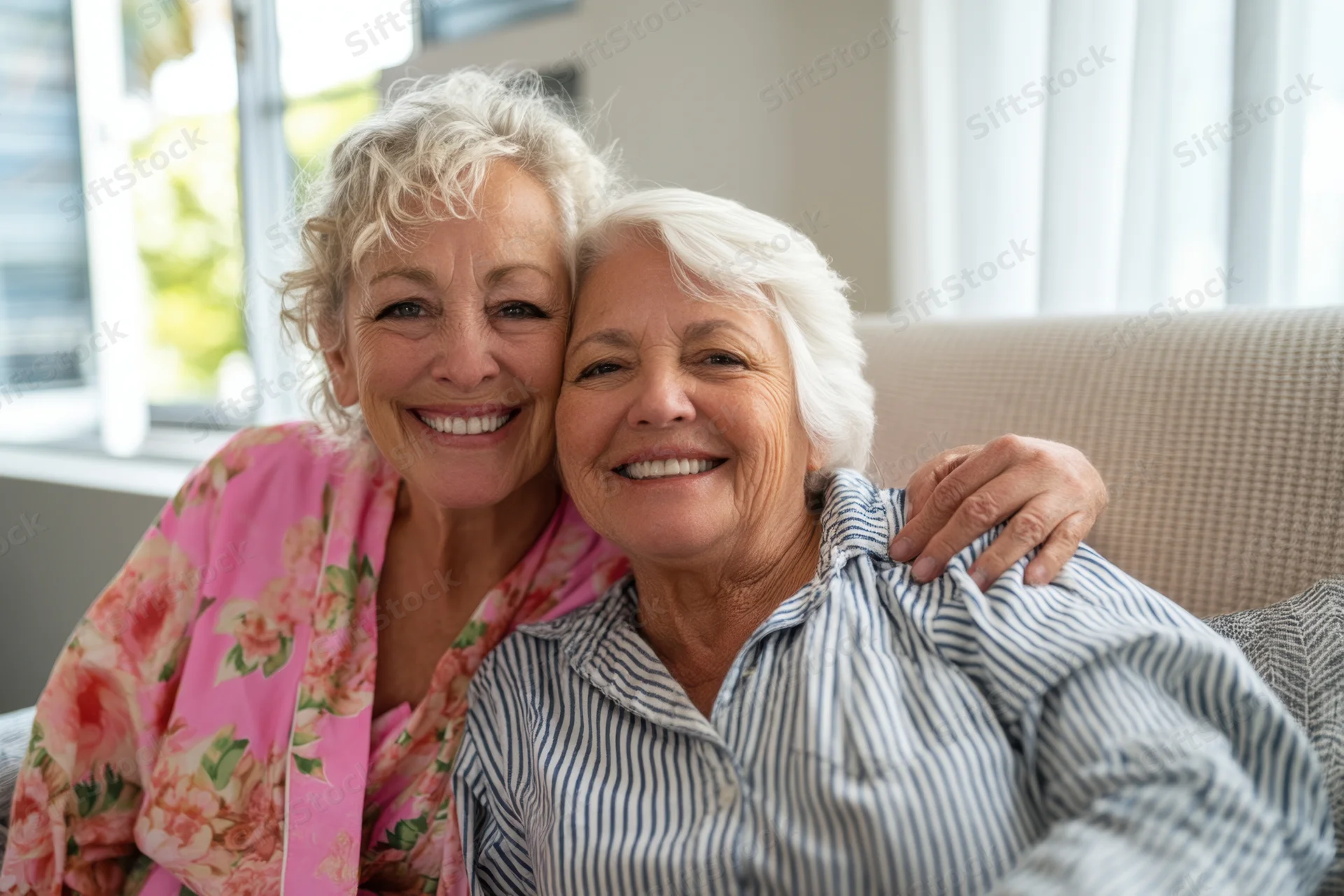 Two senior women smiling and embracing on a couch in a living room