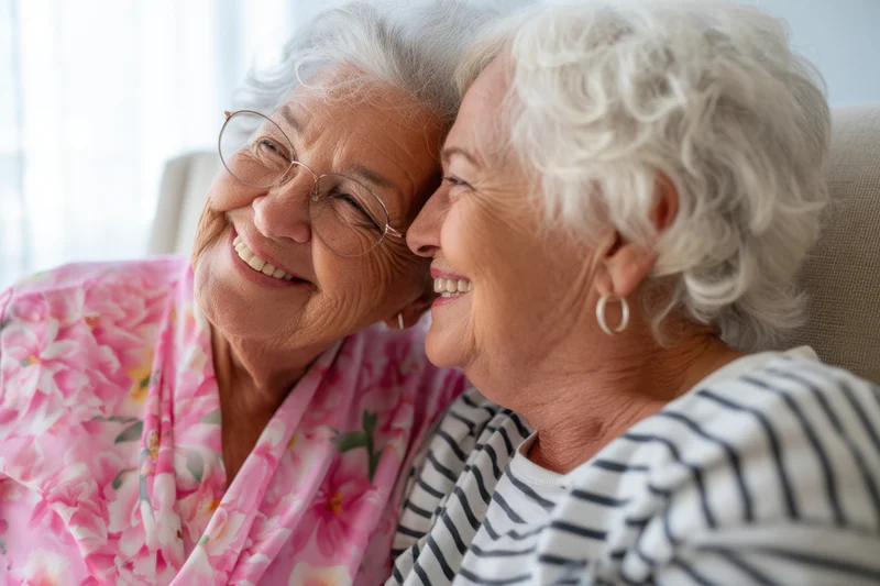 Two elderly women smiling and leaning close together on a couch in a living room