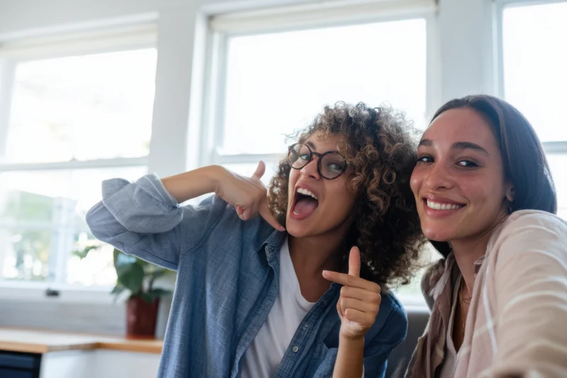 Two women laughing and gesturing playfully in a bright kitchen