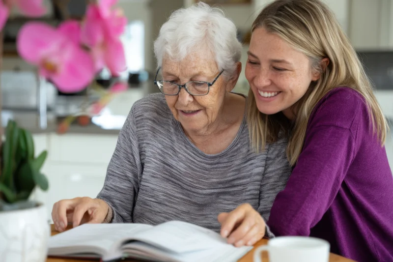 Senior woman and young woman smiling while reading a book together at a kitchen table