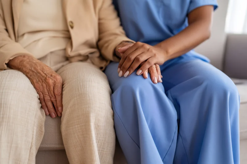 Elderly woman and caregiver holding hands while sitting on a couch