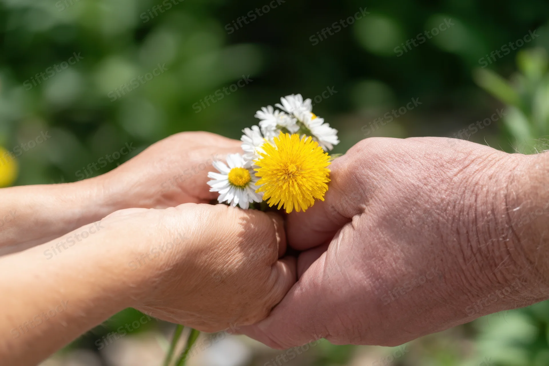 Weathered hands cradling a small bouquet of white and yellow wildflowers in a garden