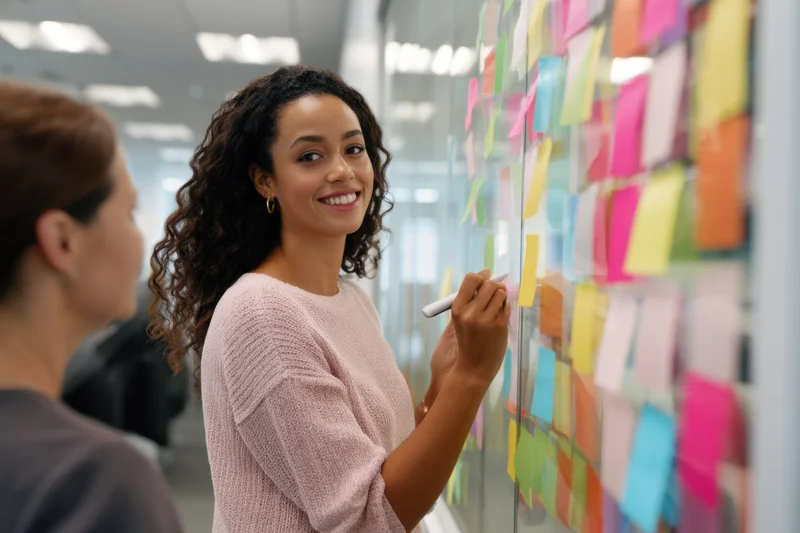 Woman smiling while writing on a glass wall covered in colorful sticky notes during a team brainstorming session in an office