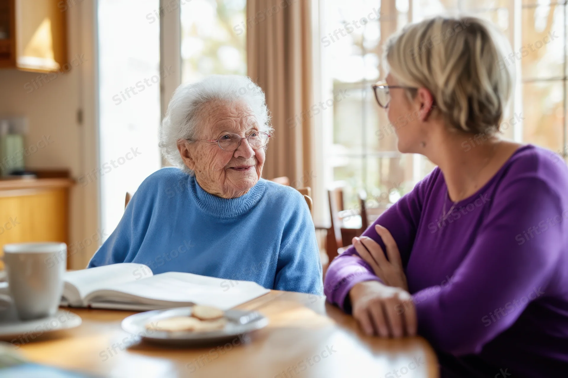Elderly woman smiling while conversing with another woman at a sunlit kitchen table