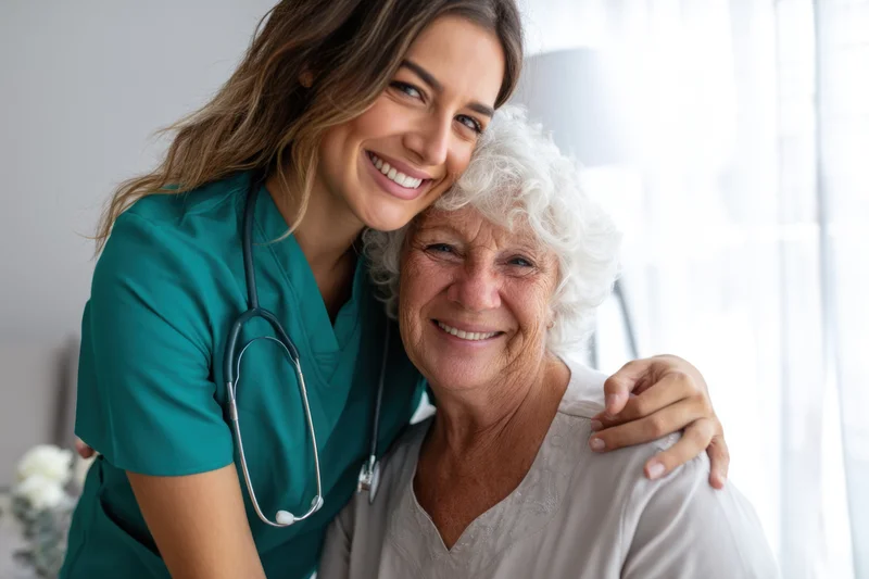 Nurse embracing elderly woman in home setting, both smiling with stethoscope visible