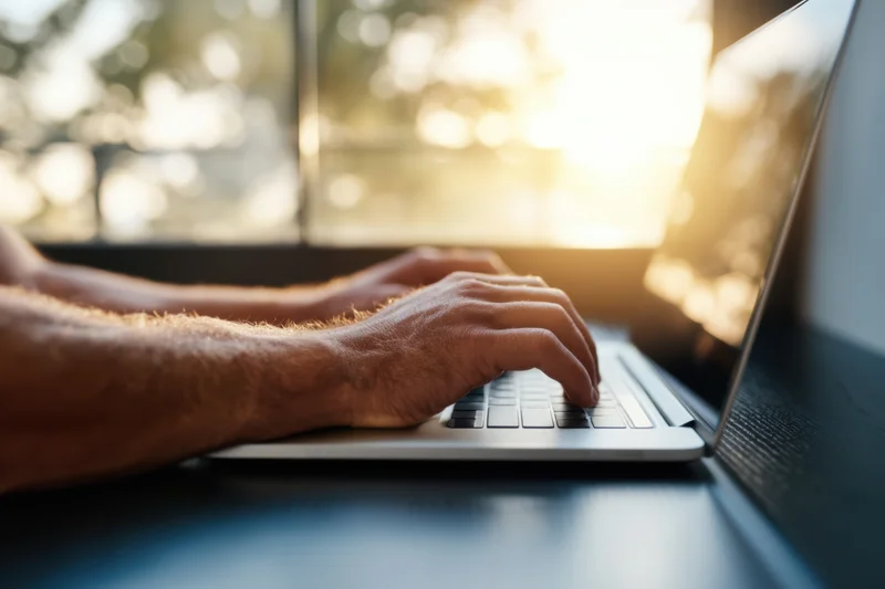 Hands typing on a laptop at a desk by a sunlit window