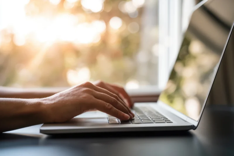 Hands typing on a laptop at a dark desk by a window