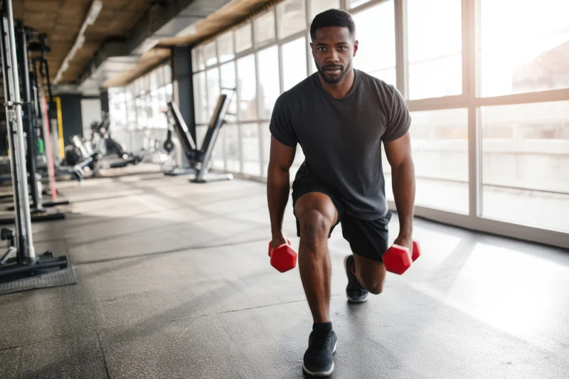 Man performing a lunge with dumbbells in a gym