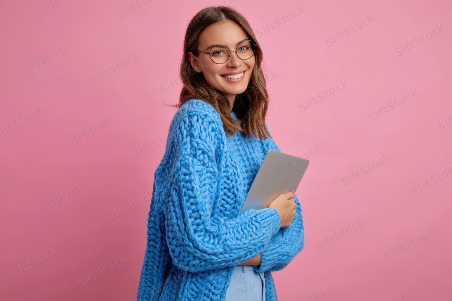 Smiling woman in chunky blue knit sweater holding tablet against pink background