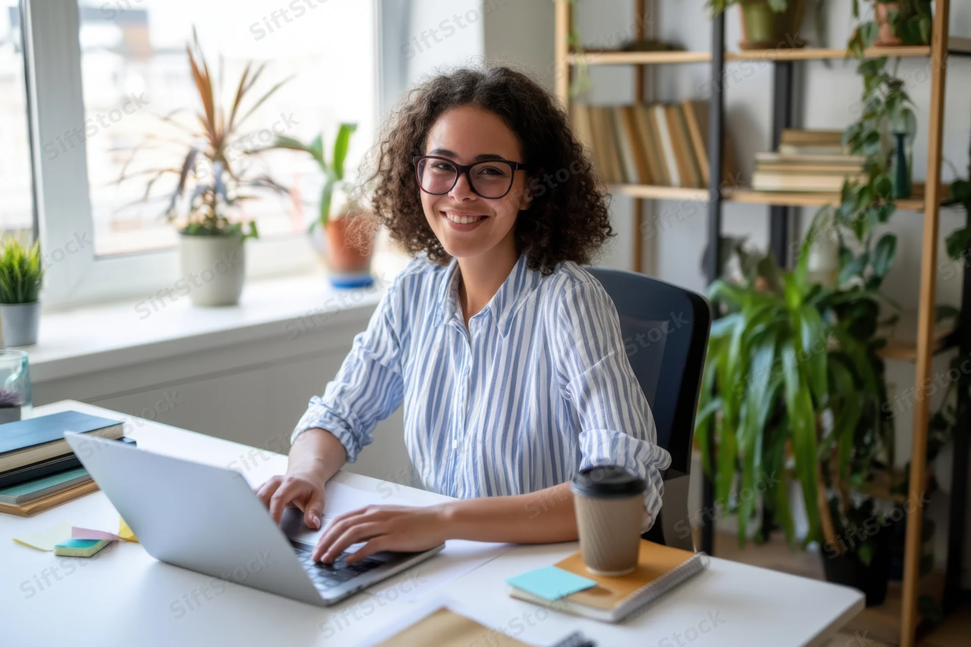 Woman smiling while working on laptop at white desk in home office with plants and bookshelf