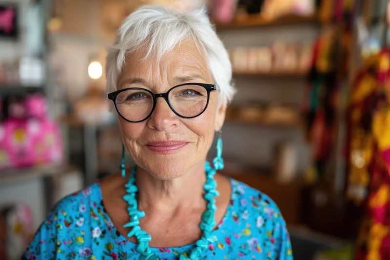 Senior woman with short white hair and glasses smiling in a boutique shop interior