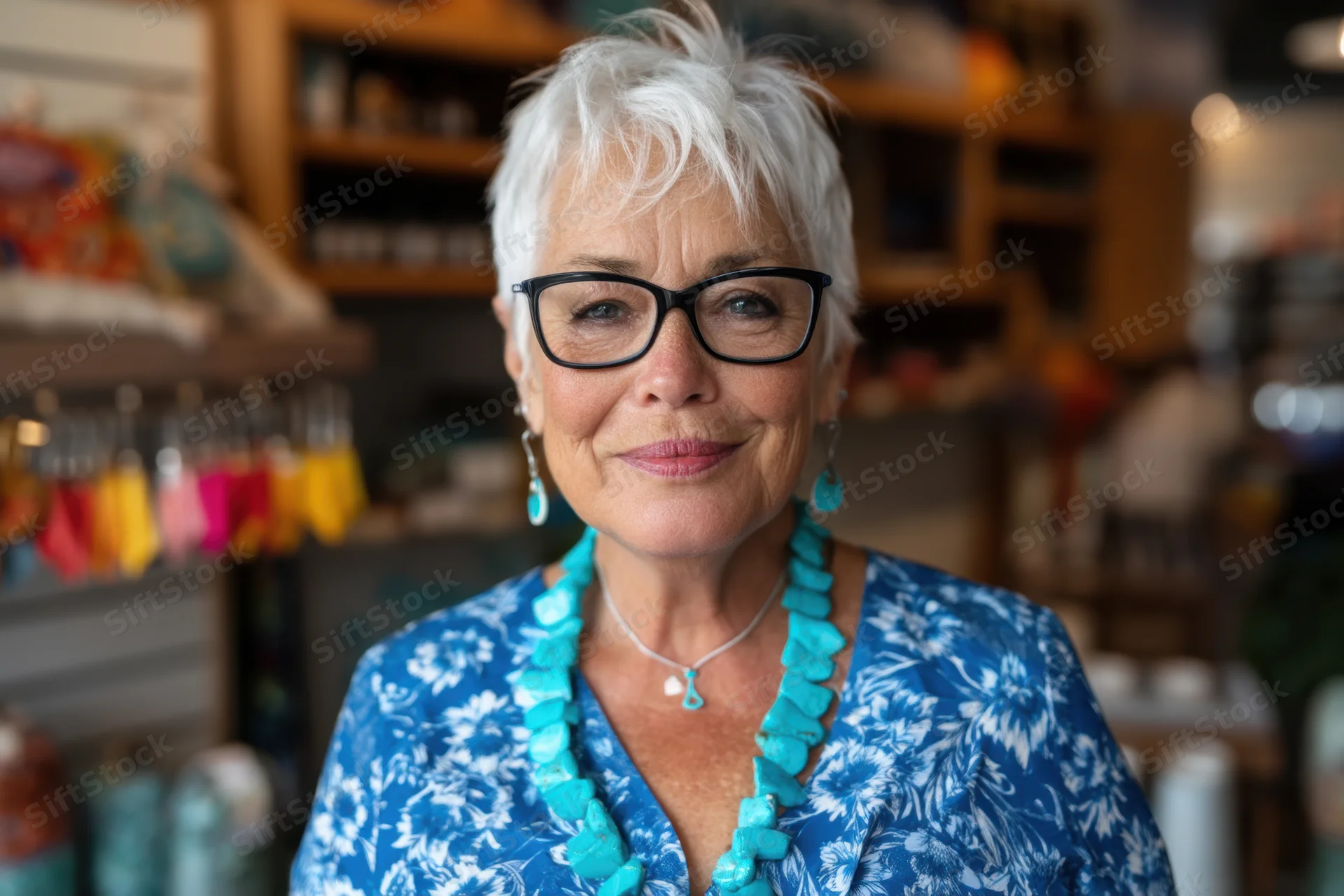 Senior woman with short white hair and glasses smiling in a boutique jewelry shop