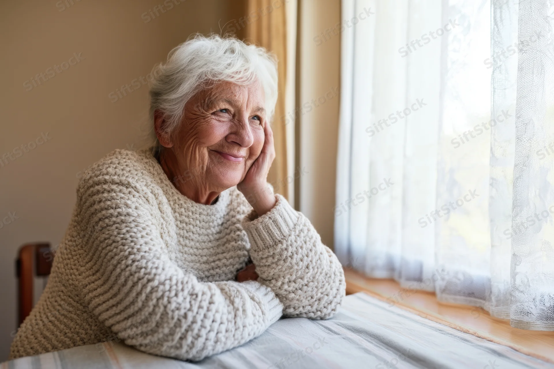 Elderly woman smiling softly while resting her head on her hand at a table by a window