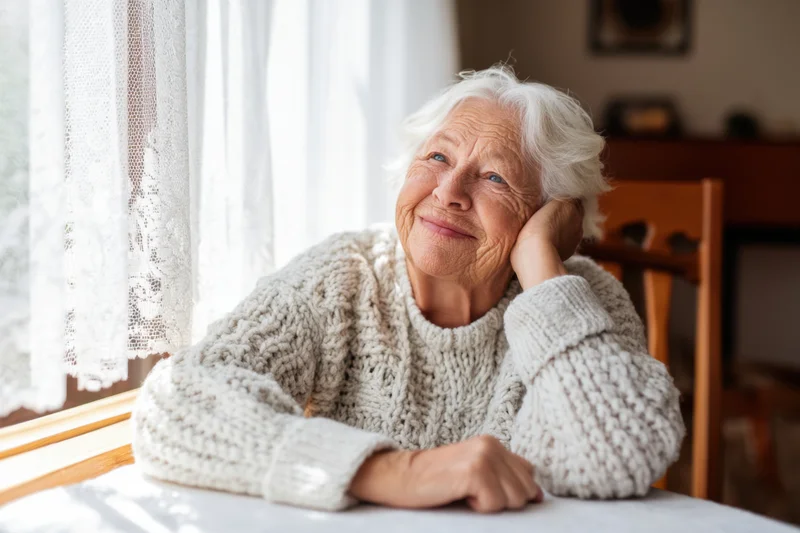 Elderly woman smiling softly while resting her head on her hand at a table by a window in a cozy home interior