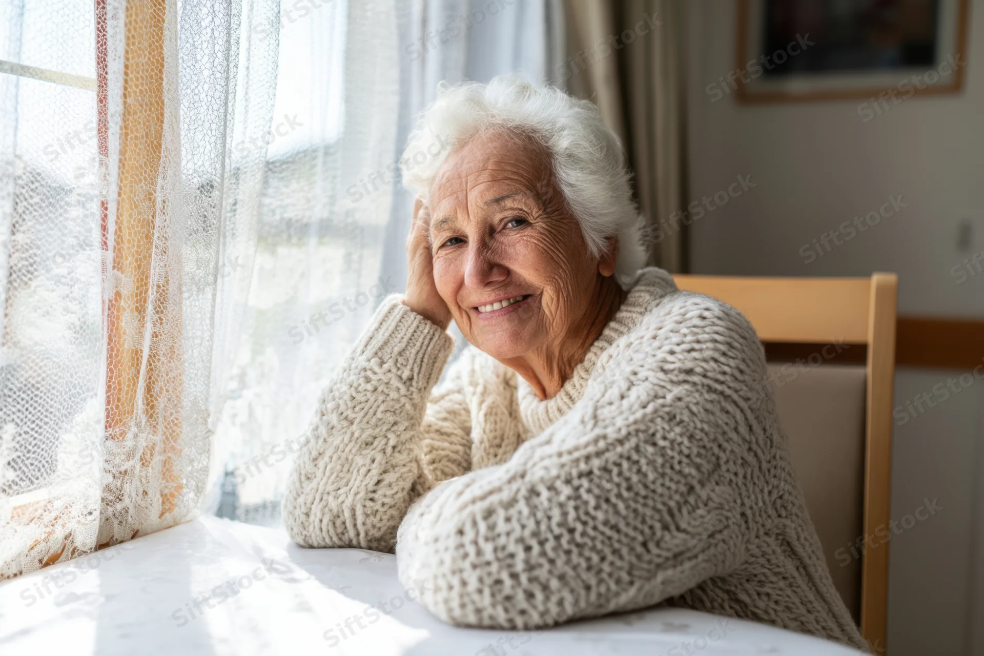 Elderly woman smiling softly while resting her head on a table by a sunlit window at home
