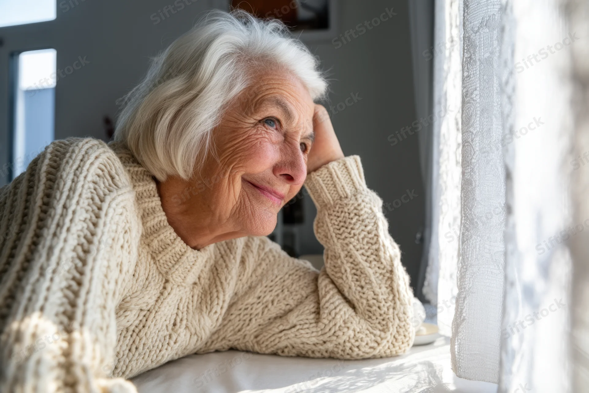 Elderly woman smiling softly while resting her head by a sunlit window at home
