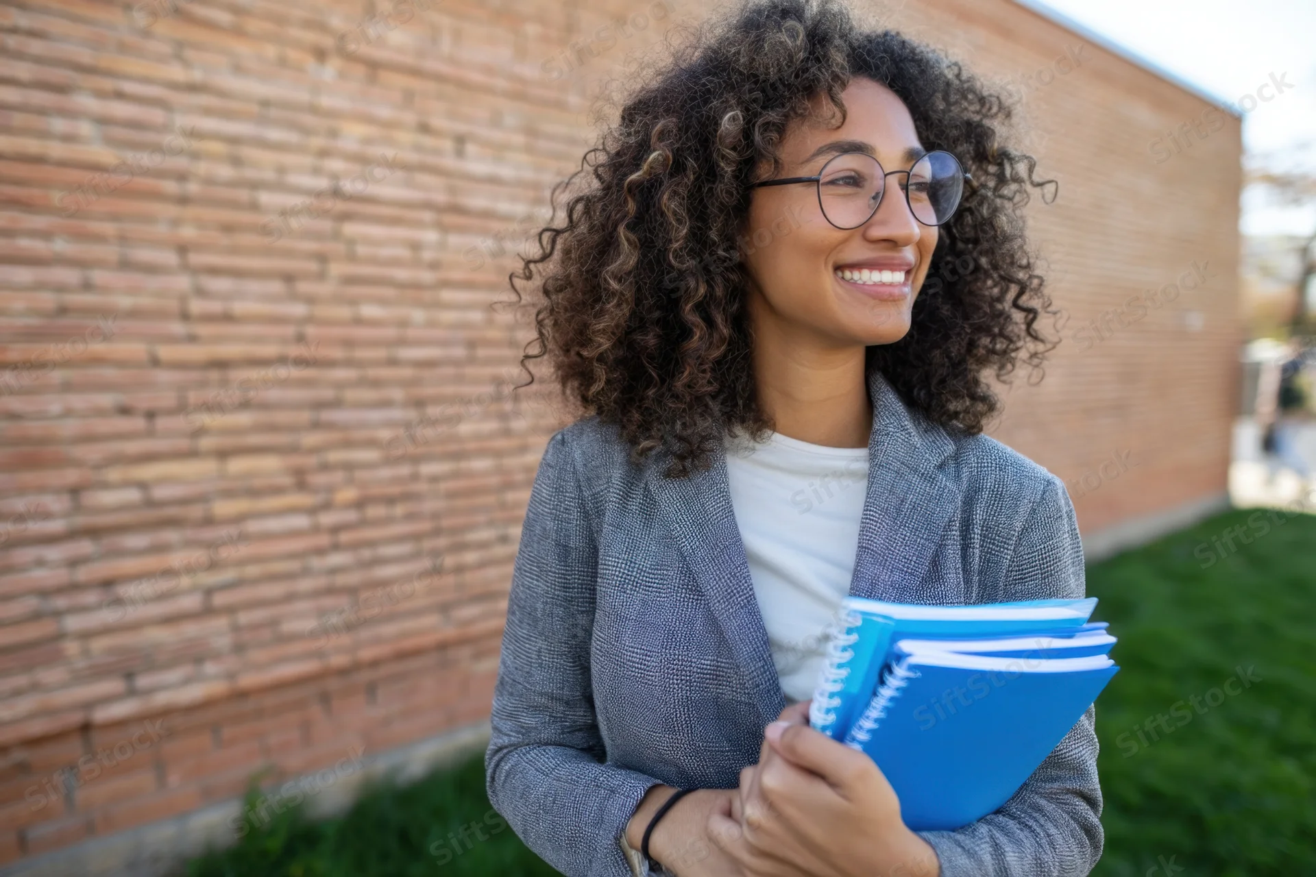 Cheerful woman with curly hair in a gray blazer holding blue notebooks outdoors near a brick wall
