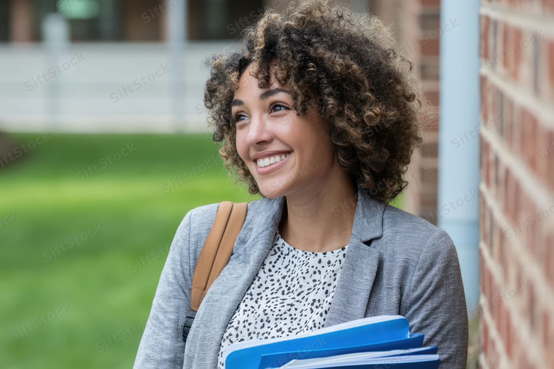 Cheerful woman with curly hair in gray blazer holding blue folders outdoors on campus