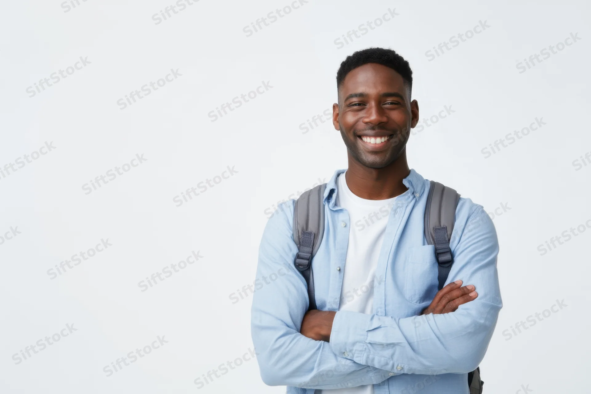 Young black man smiling with arms crossed wearing backpack and light blue shirt in studio setting