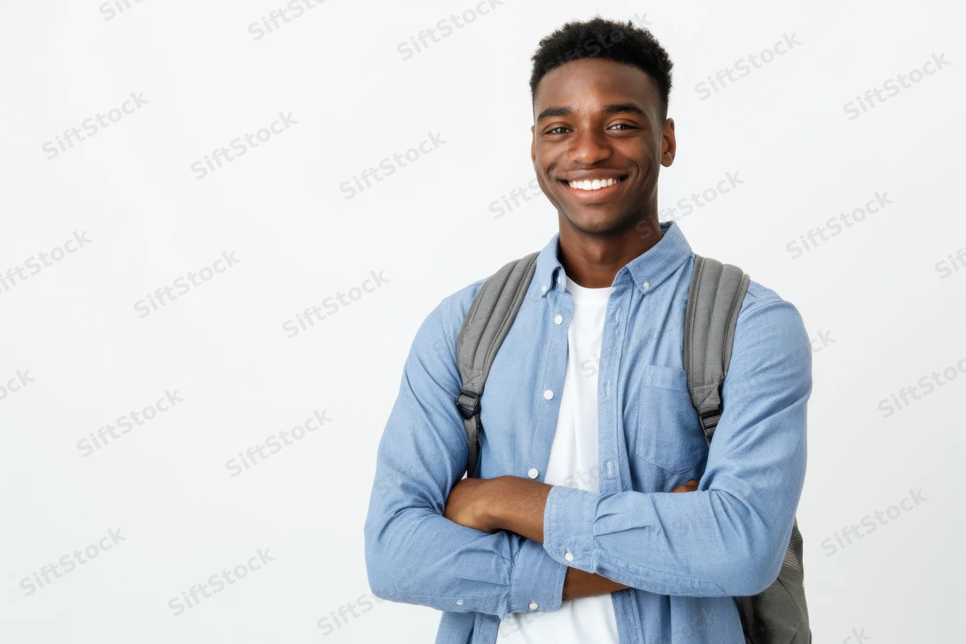 Young black man smiling with arms crossed wearing denim shirt and backpack in studio