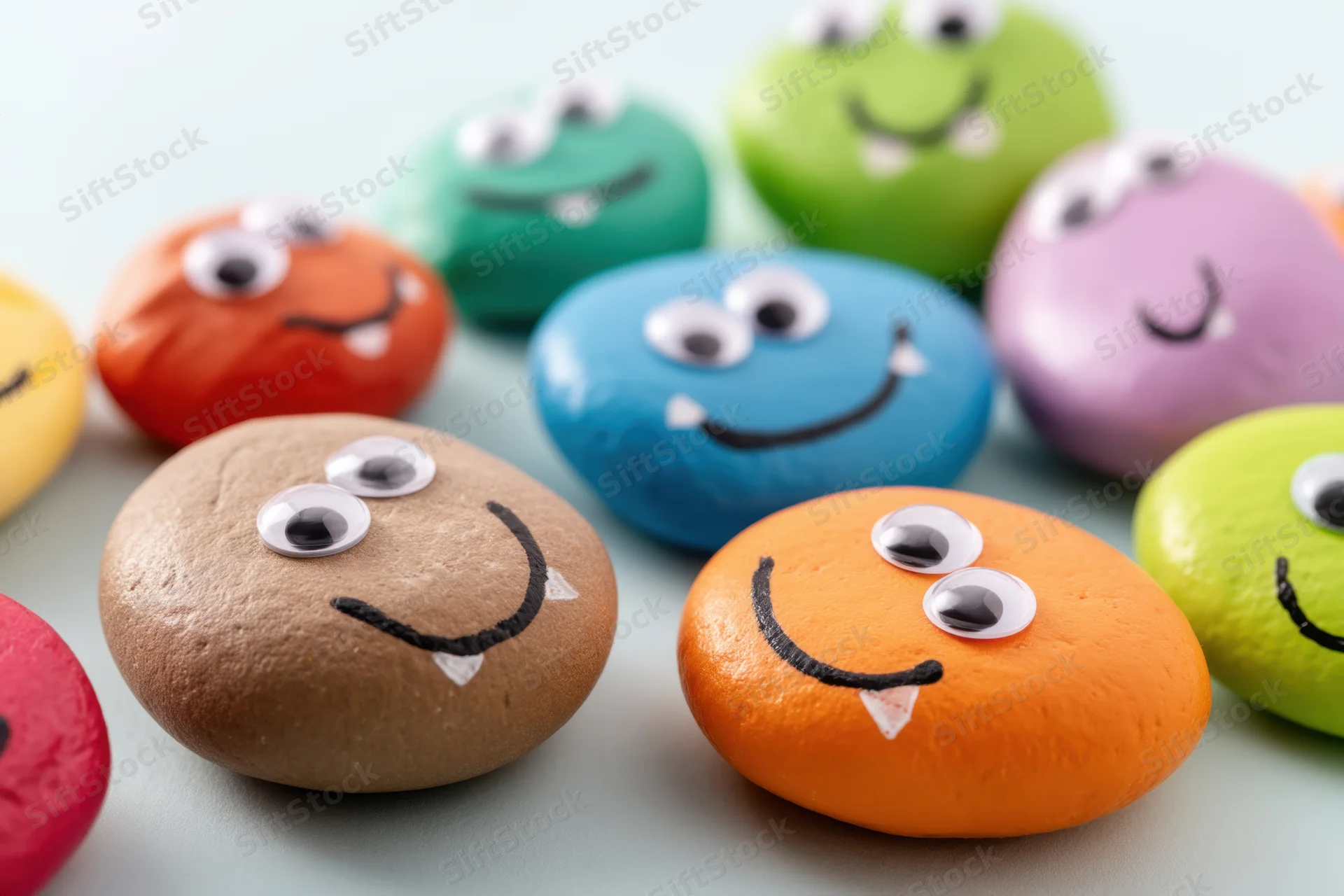 Colorful painted stones with monster faces arranged on a light surface