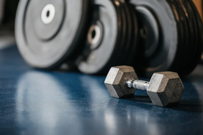 Small hexagonal dumbbell resting on blue gym floor with larger weight plates stacked behind it
