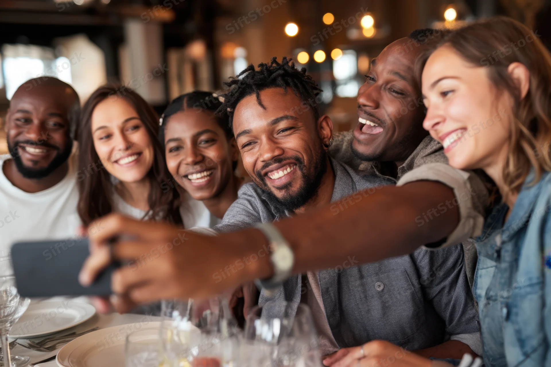 Diverse friends smiling and taking a selfie at a dining table in a restaurant