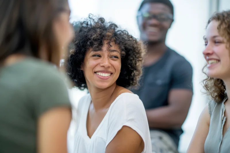 Woman smiling during a casual conversation with friends in a bright indoor setting