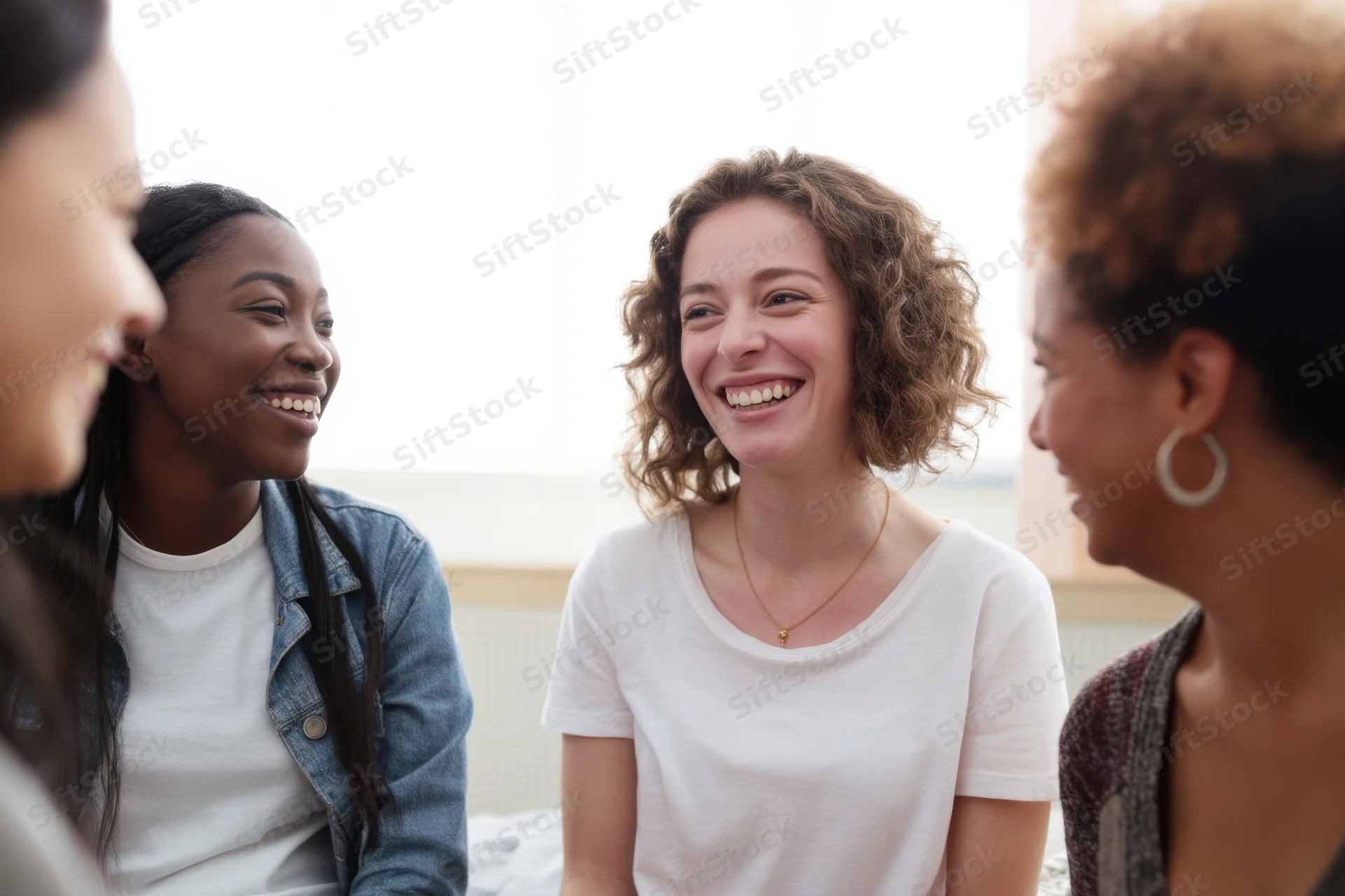 Diverse women laughing together in a bright casual indoor setting