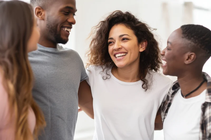 Diverse group of friends laughing together in a bright indoor setting