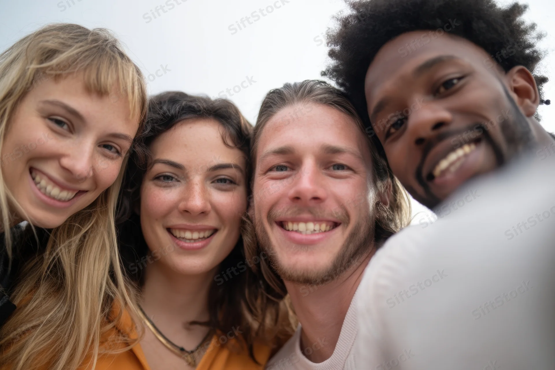 Four diverse friends smiling closely together in a selfie outdoors