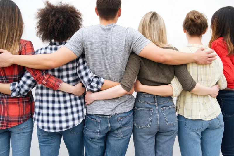 Group of diverse young friends standing back to back with arms around each other in casual clothing