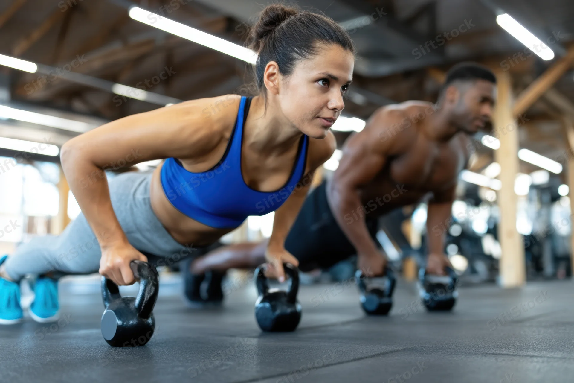 Woman and man doing pushups with kettlebells in a gym
