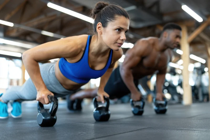 Woman and man doing pushups with kettlebells in a gym