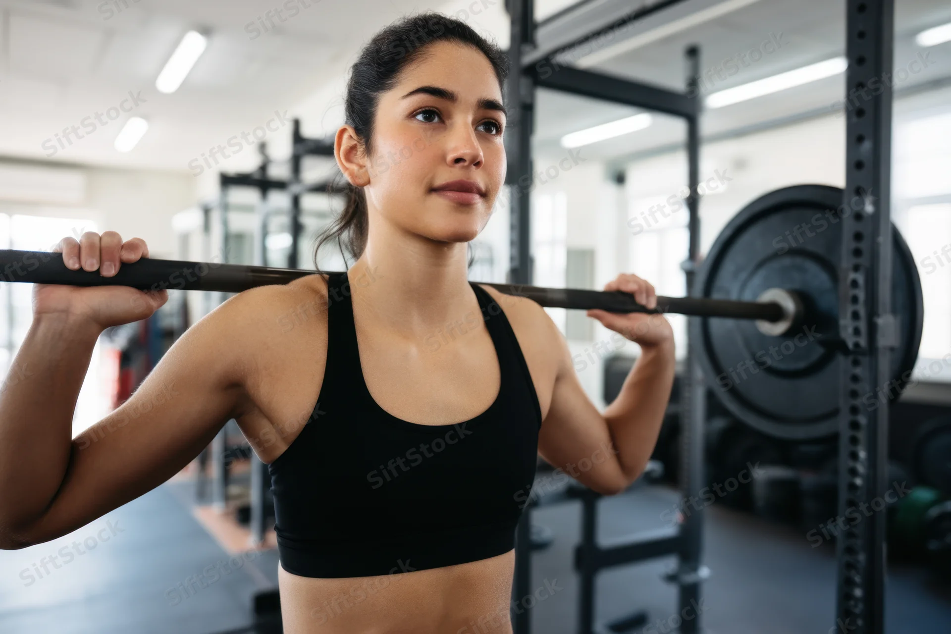 Woman holding barbell across shoulders in gym