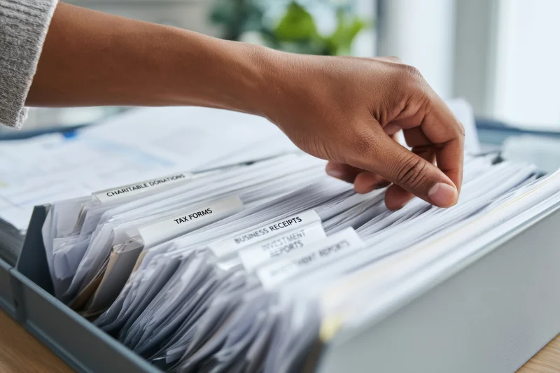 African woman's hand sorting labeled documents in a filing tray on a desk
