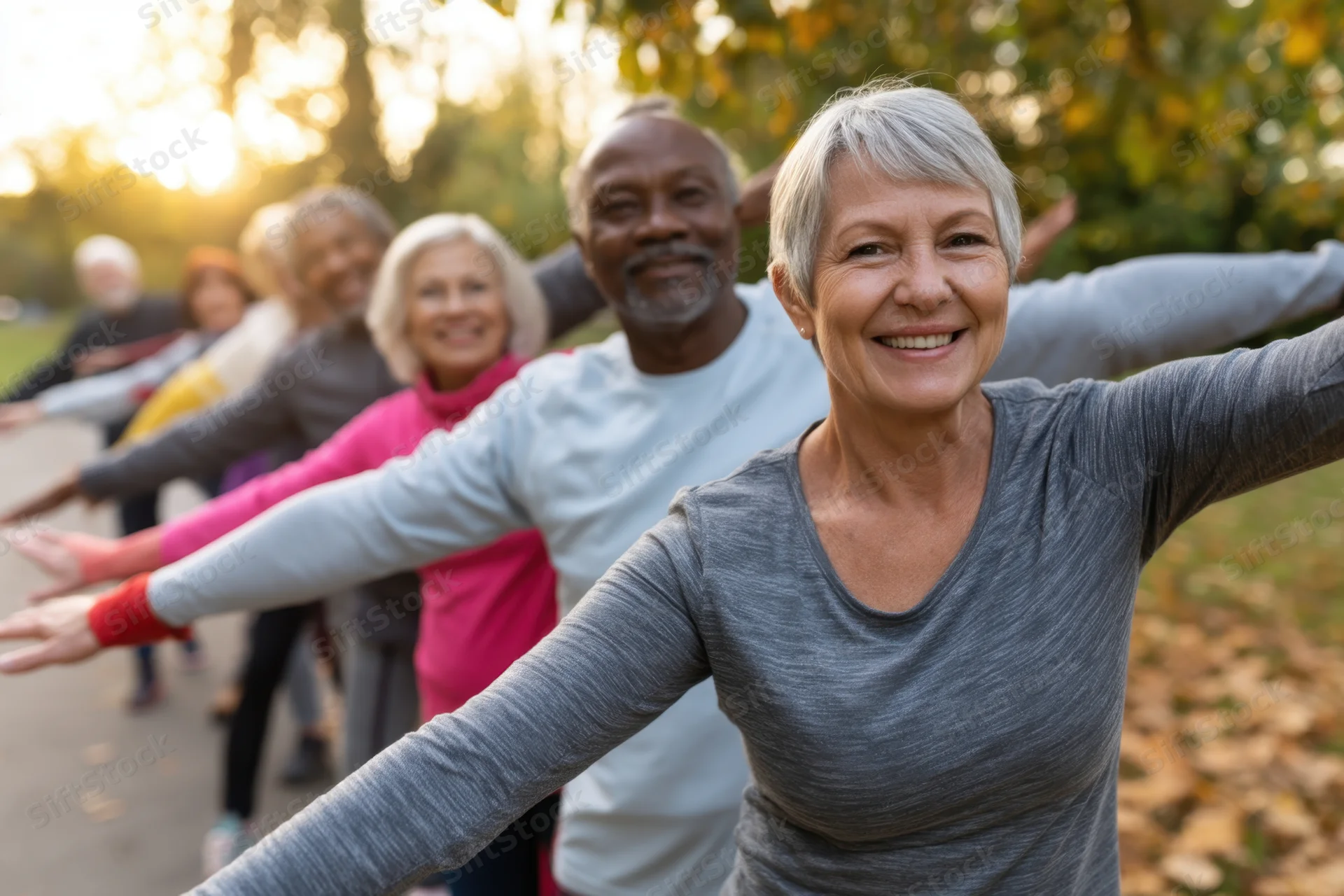 Senior group stretching outdoors in a park during golden hour
