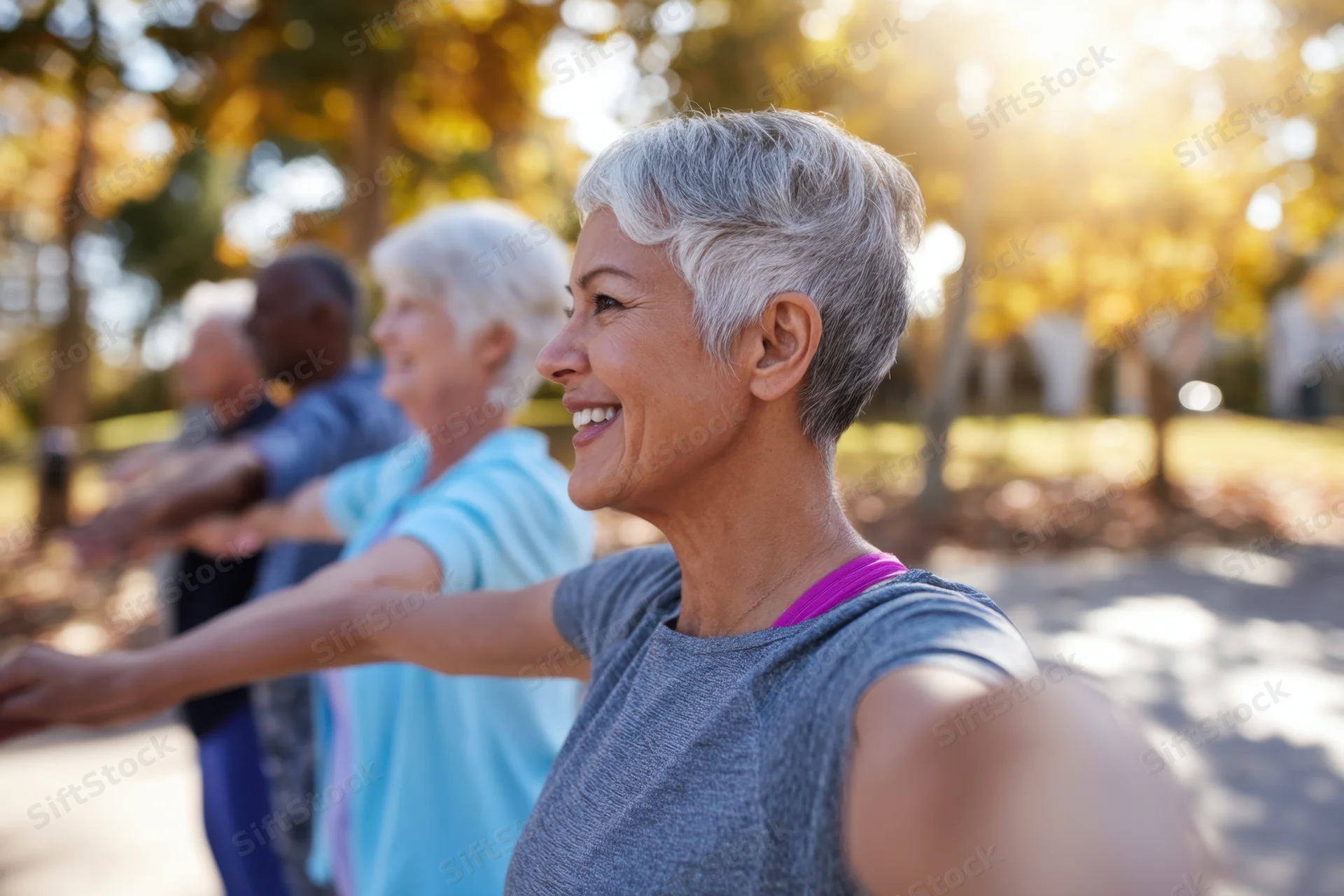 Smiling senior woman stretching with a group in a sunlit park
