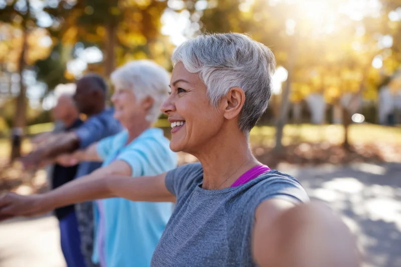 Smiling senior woman stretching with a group in a sunlit park