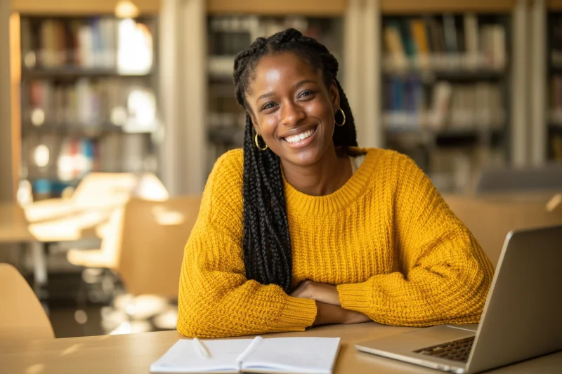 Young woman smiling at desk with laptop and notebook in library