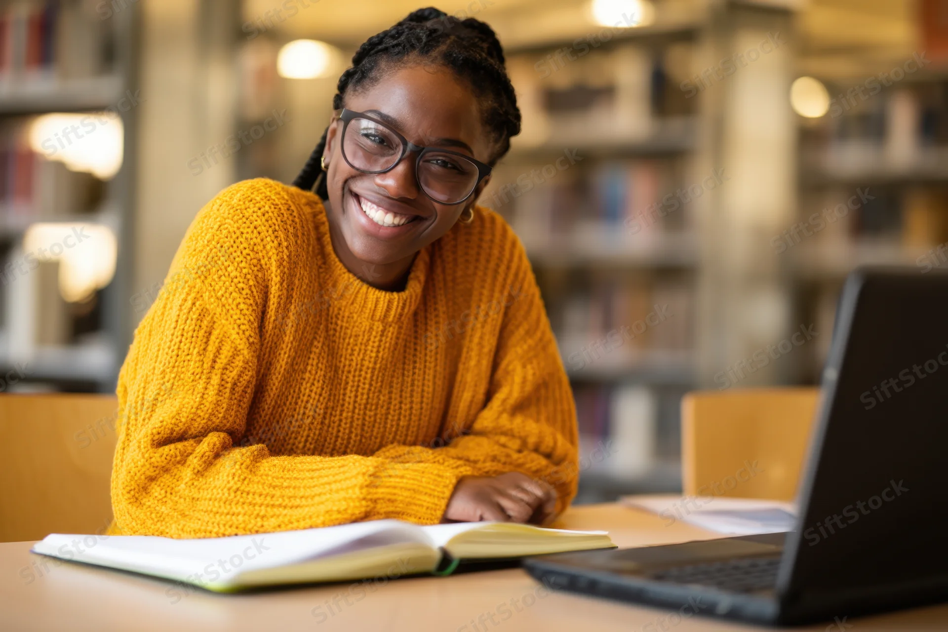 Young woman smiling at camera while studying with laptop and open book at library desk