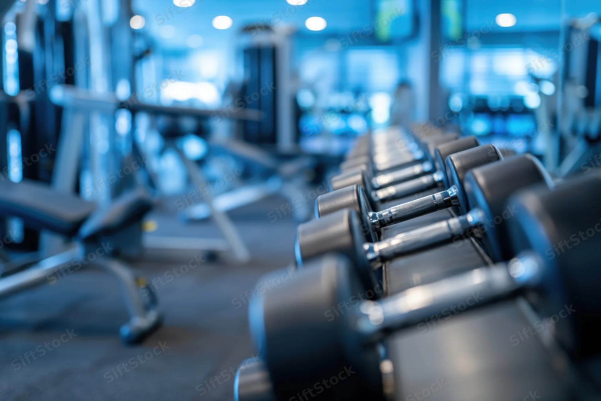 Row of dumbbells on a rack in a modern gym interior