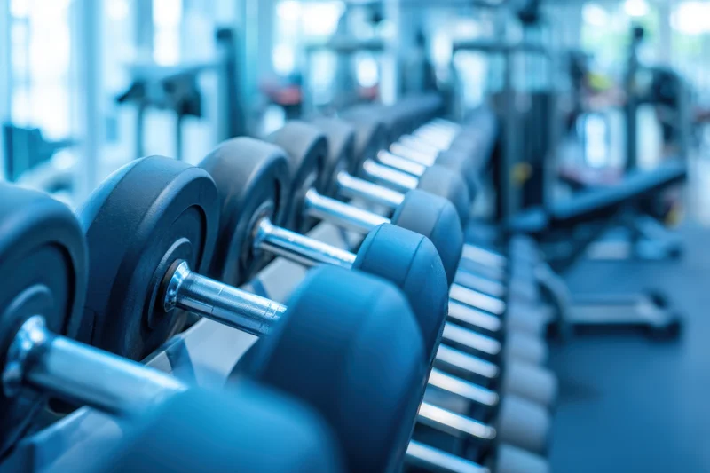 Row of dumbbells on a rack in a modern gym