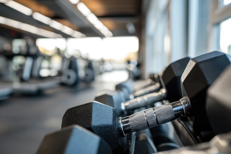 Row of black dumbbells on a rack in a modern gym interior