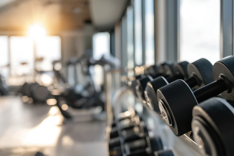 Row of black dumbbells on a rack in a modern gym with sunlight through windows