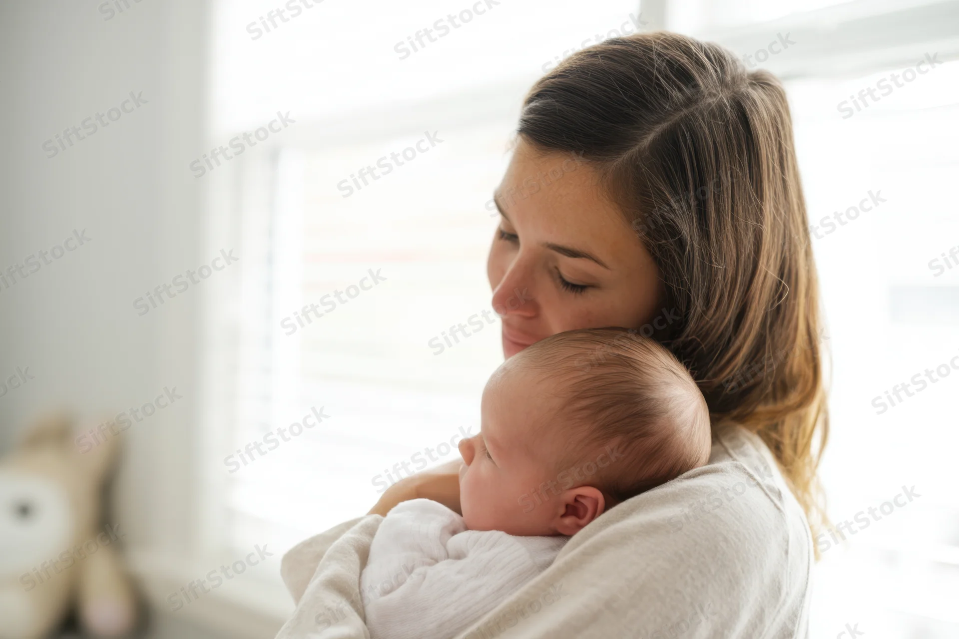 Mother cradling newborn baby wrapped in blanket near window in bright room