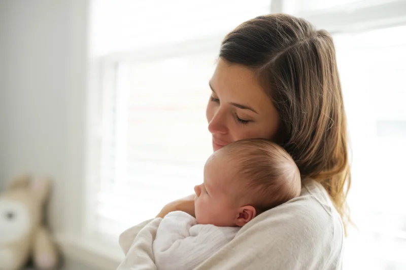 Mother cradling newborn baby wrapped in blanket near window in bright room