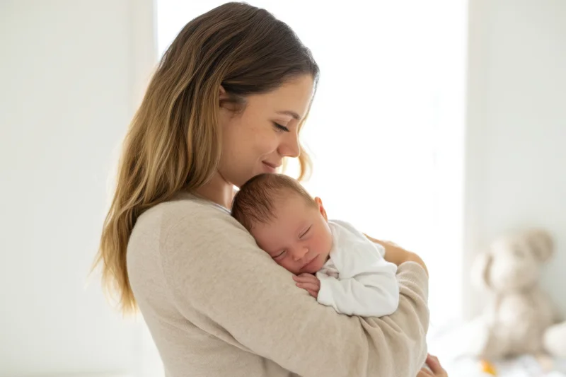 Mother cradling sleeping newborn in bright airy room